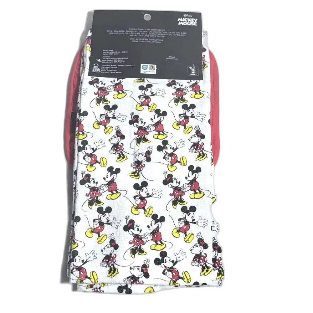 Disney Mickey & Minnie Mouse 3 Piece Kitchen Set 2 TOWEL, 1 POT HOLDER NWT